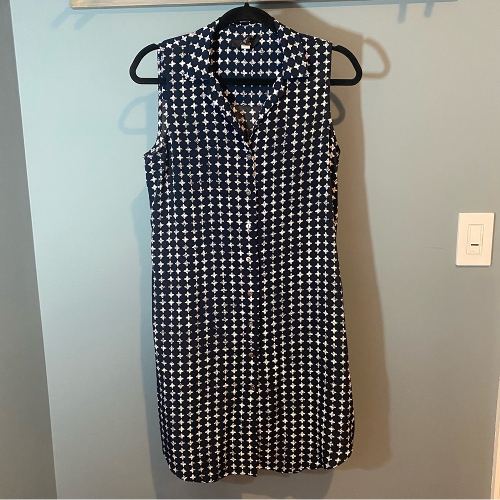 Alfani Blue/White Diamond Printed Button Up Sleeveless Dress